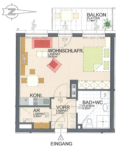 Plan einer Wohnung mit 42 Quadratmetern